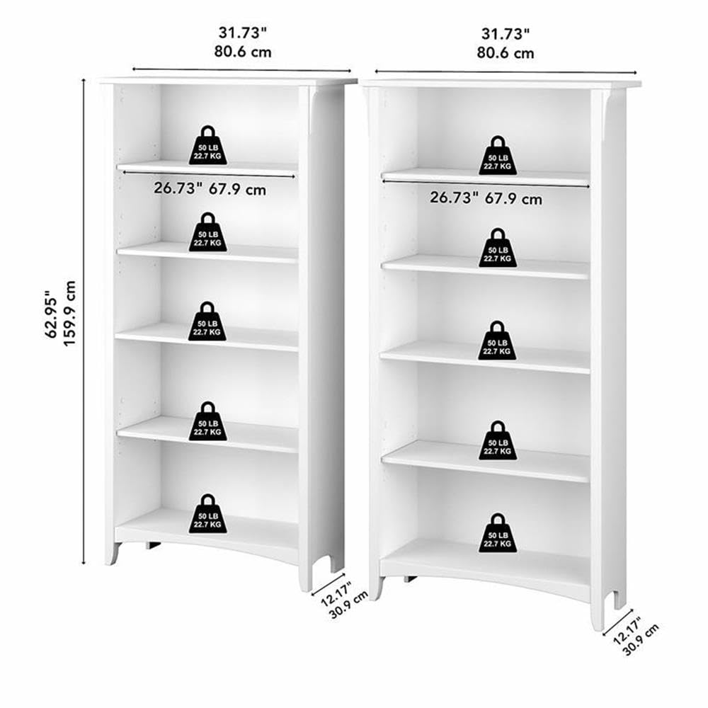Bush Home Salinas Tall 5 Shelf Bookcase - Set of 2 in Shiplap Gray and Pure White, Vertical Office Storage, Bookshelves for Home Workspace, Multi-Purpose Shelving Units