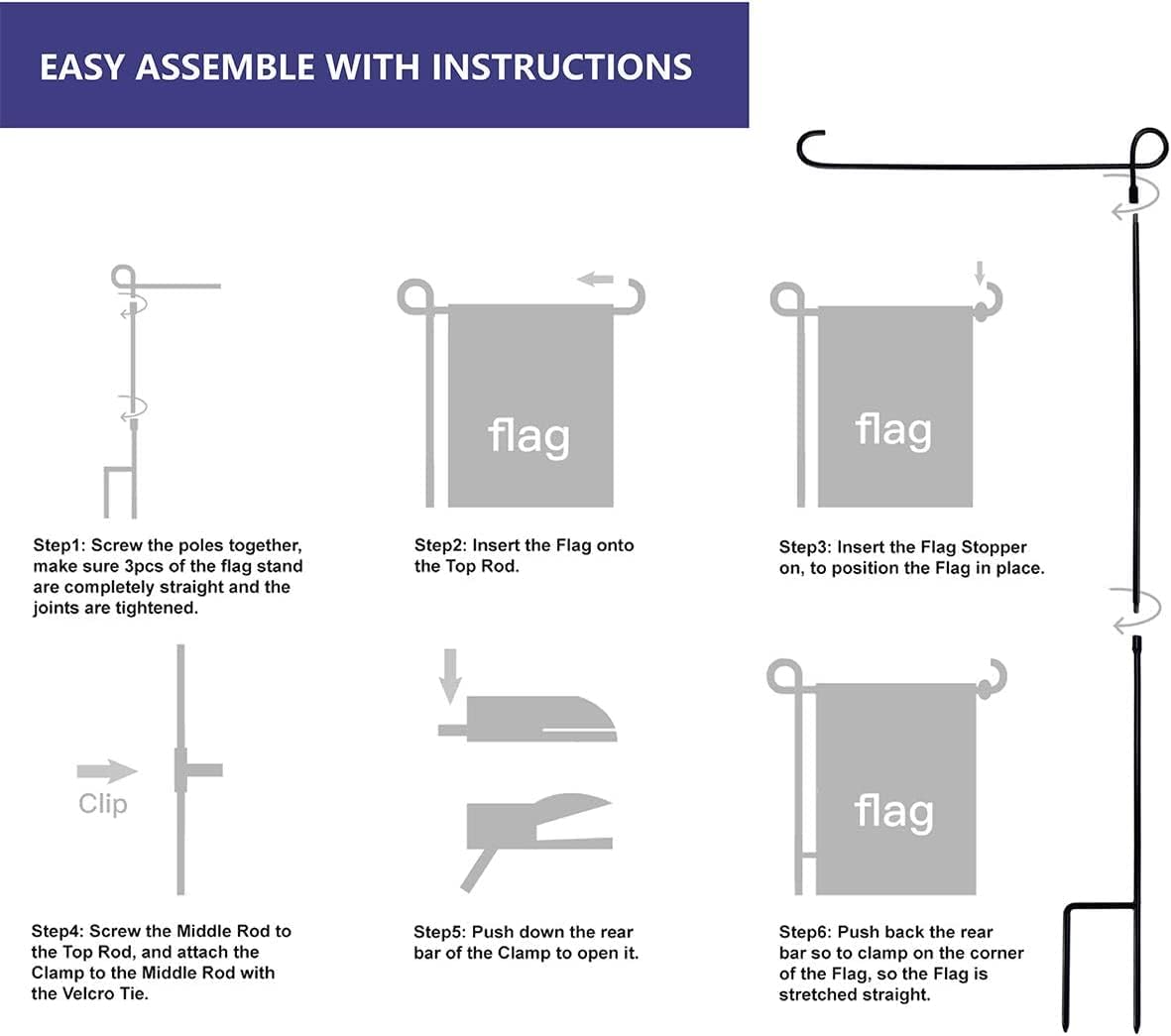 YEAHOME 3PC Garden Flag Holder Stand, Weather-Proof Metal Flagpole with Clip for Outdoor Decor