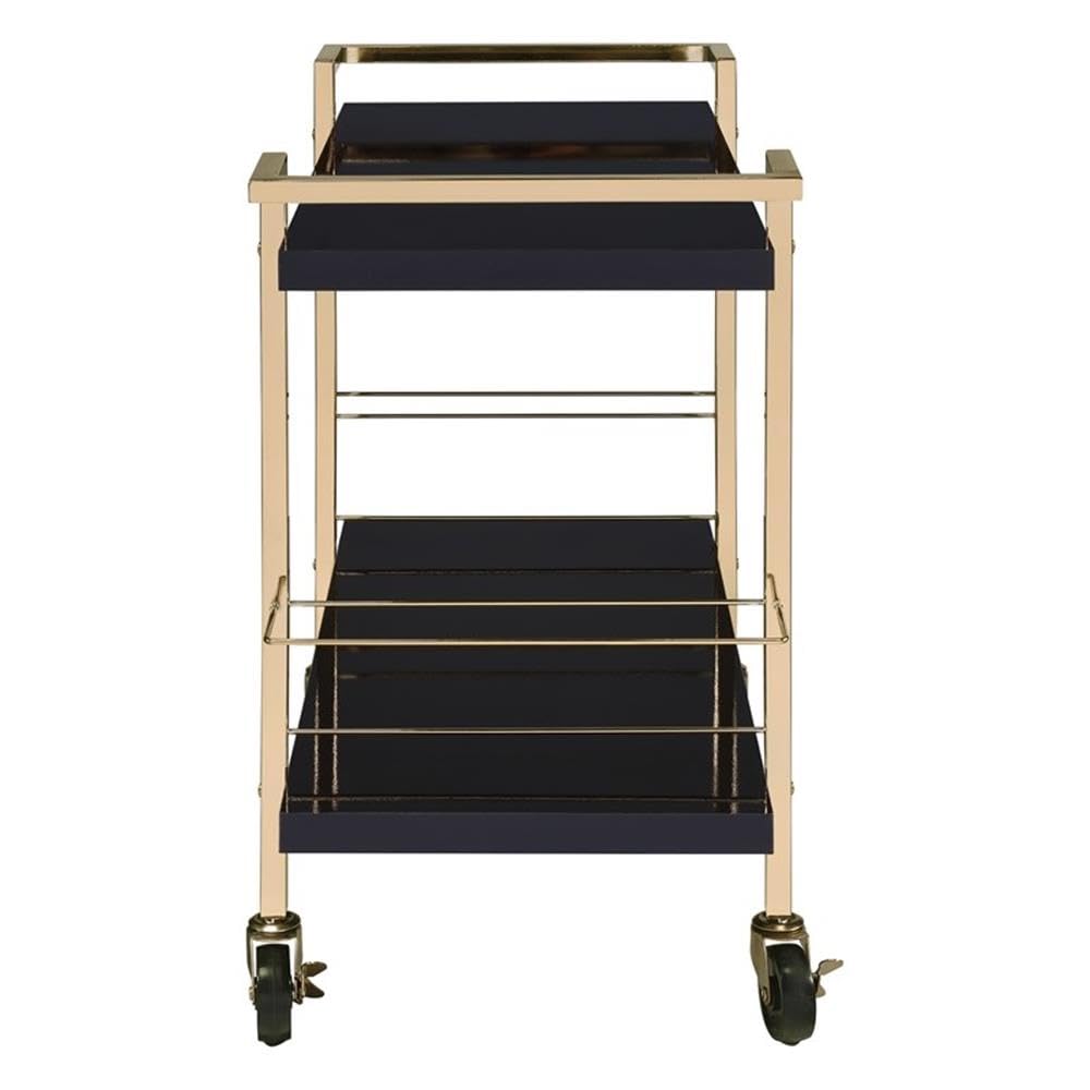 Pemberly Row Modern Serving Cart, Black Metal and Gold Frame, 32"W x 16"D x 30.5"H, 2-Tier Design, High-Sheen Laminate Surface, Locking Casters, Bottle Caddies, Bar and Cocktail Station for Parties