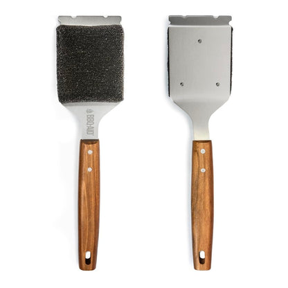 BBQ-AID Bristle Free Grill Brush and Scraper for Barbecue - Extended Large Wooden Handle with Replaceable Head - No Scratch BBQ Cleaning Accessories for Outdoor Grills