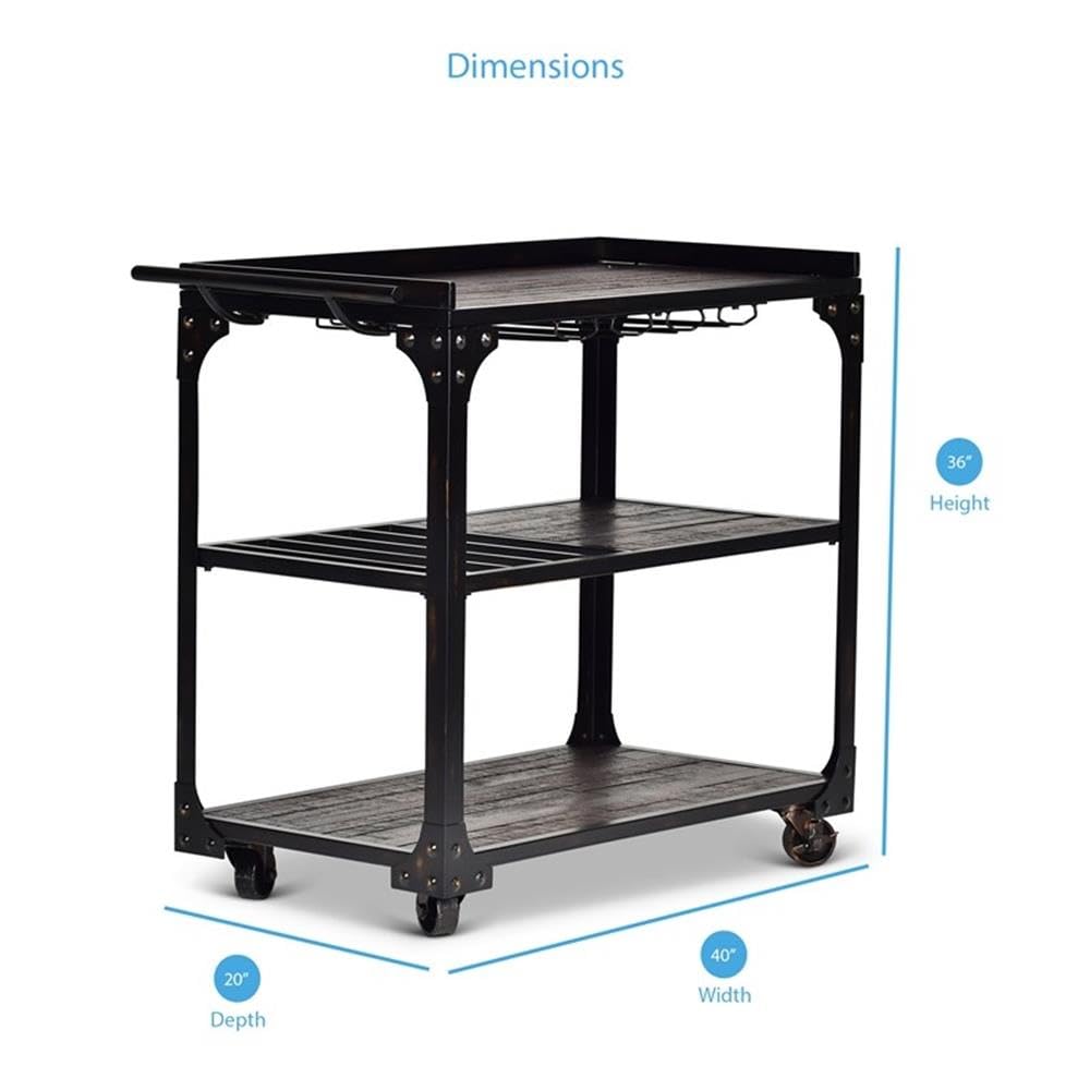 BOWERY HILL Transitional Bar Cart, 40 in W x 20 in D x 36 in H, Distressed Tobacco Brown Finish with Black Iron Frame, Stemware Storage, Towel Bar, Wine Bottle Shelves, Industrial Style for Dining
