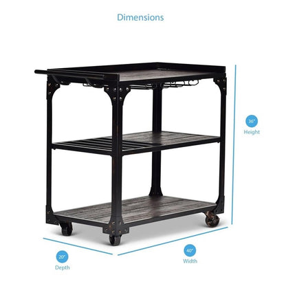 BOWERY HILL Transitional Bar Cart, 40 in W x 20 in D x 36 in H, Distressed Tobacco Brown Finish with Black Iron Frame, Stemware Storage, Towel Bar, Wine Bottle Shelves, Industrial Style for Dining