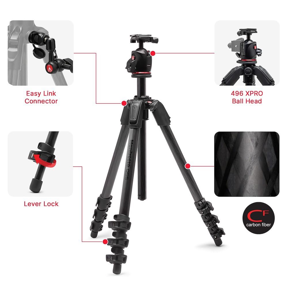 Manfrotto 055XPRO AS, 4-Section Carbon Fiber Camera Tripod, Photo-Kit with XPRO Ball Head, 90 Degree Column, 15kg Load, Arca-Swiss Plate, for DSLR/Mirrorless, Tripod for Camera, Photo Shooting Support