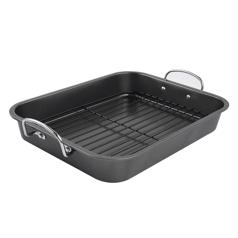 kitCom Nonstick Roasting Pan, Roaster with Rack - 16 Inch Rectangular Grill Suitable for Turkey, Roast Chicken, Ham, Dishwasher Safe (9.5QT)