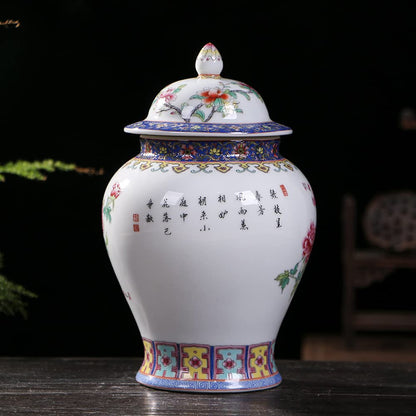 Ceramic Jar with Lid for Home Decor Traditional Chinese Flowers and Birdstemple Handcrafted Porcelain Vase