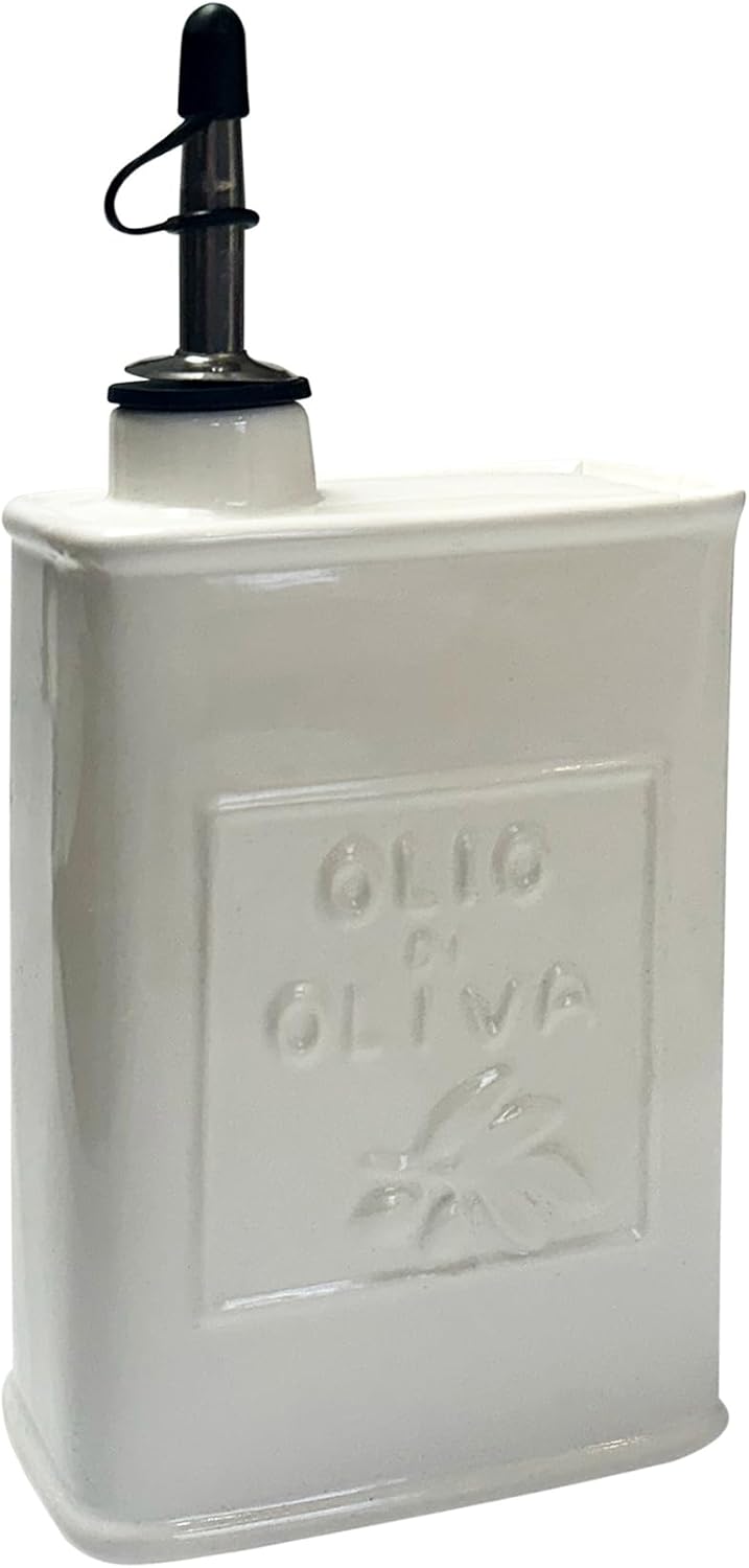 17 oz/500 ML Fox Run White Ceramic Oil Can, Olive Oil Dispenser With Pouring Spout and Cap