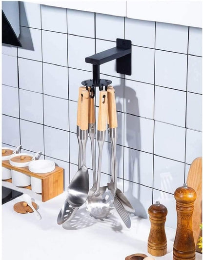 Kitchen Cooking Tool Utensil Holder, iNenya Black Rotating Spatula Holder with 6 Hooks for Hanging