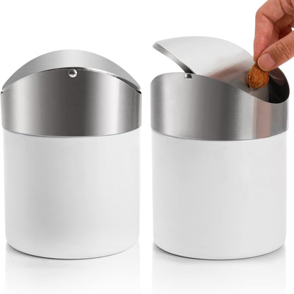 ZOOFOX 2 Pack Mini Trash Can, White Stainless Steel Garbage Bin with Swing Lid for Home, Office, and Kitchen