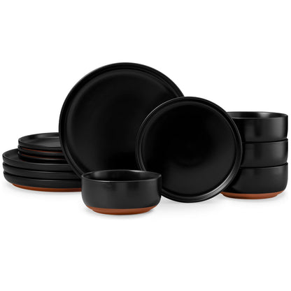 E-far 12-Piece Stoneware Plates and Bowls Sets, Dinnerware Sets for 4, Ceramic Dishware Dishes Set with Terracotta Base, Chip & Scratch Resistant, Microwave & Dishwasher Safe, Matte Black