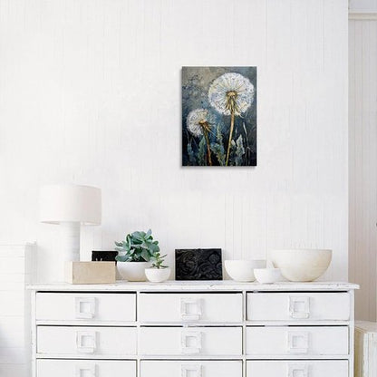 Dandelion Canvas Wall Art - Framed Wildflower Botanical Painting | Serene Blue Gray Decor, 12x16 Inches