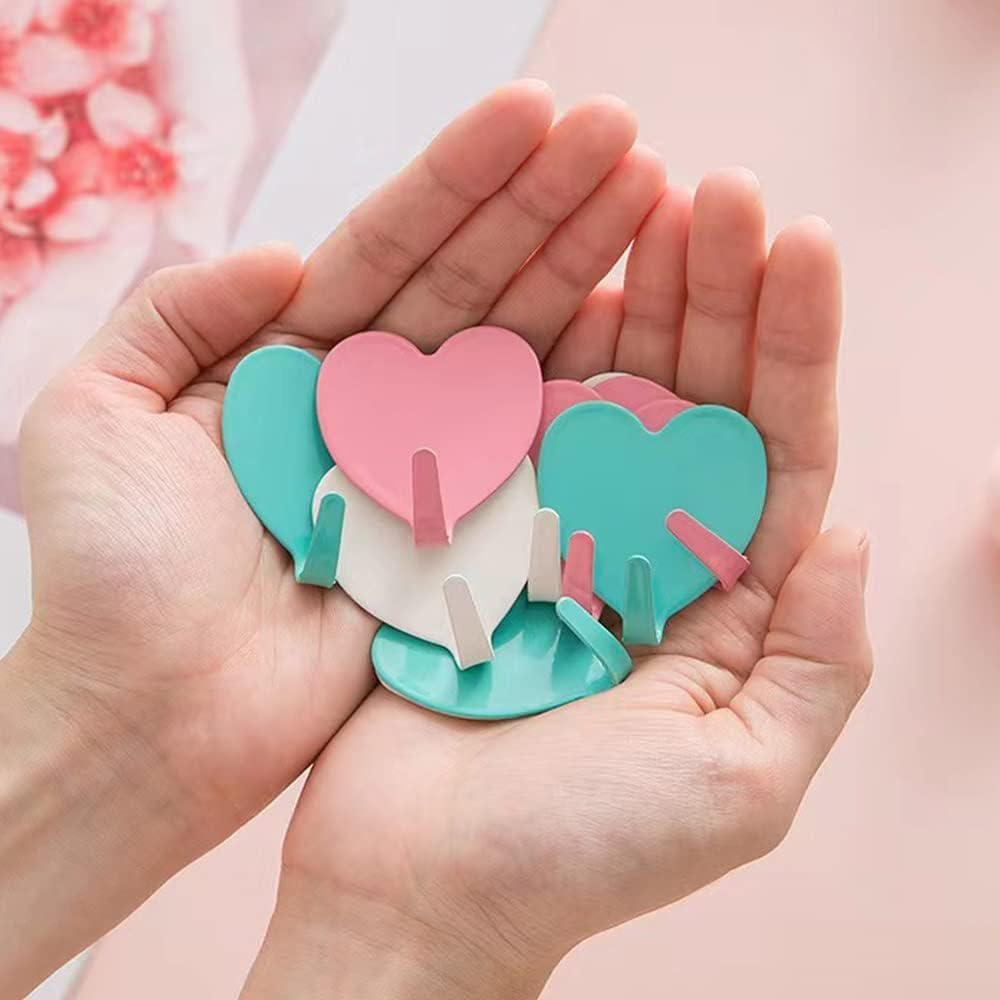 6 Pack Heart Shaped Decorative Wall Hooks, Stainless Steel Strong Adhesive Hooks for Home Kitchen Bathroom