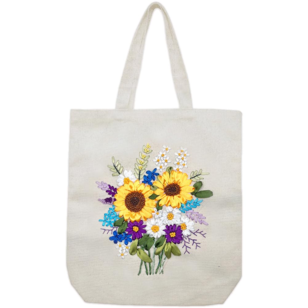 KABAKE Canvas Tote Bag Silk Ribbon Embroidery Kit, Embroidery Kits for Beginners, Arts and DIY Crafts Embroidery Starter kit, Include Stamped Embroidery Bag, Threads, Embroidery Tools