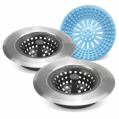 2 Pack Silicone Sink Drain Strainer, Flexible Kitchen Sink Strainer Basket with Metal Rim, 4.5 Inch Drain Catcher & Food Stopper, Free Shower Drain Cover