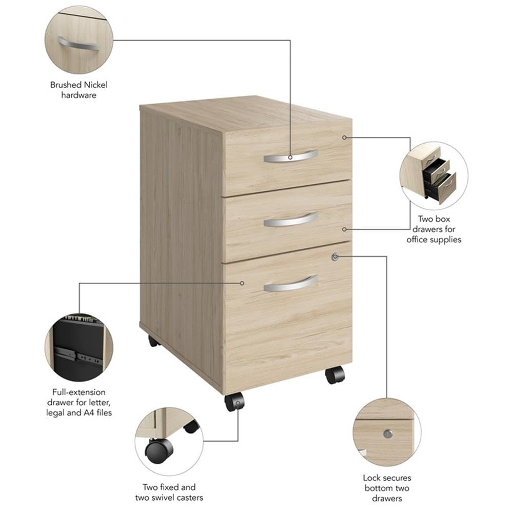 BOWERY HILL 3 Drawer Mobile File Cabinet, Natural Elm Finish, Engineered Wood, Smooth Ball Bearing Slides, Thermally Fused Laminate, Locking Drawers, Rolling Design with Casters, Office Organization