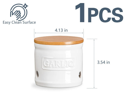 ONEMORE Garlic Keeper with Lid, Ceramic Garlic Saver 4 inch, White