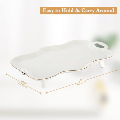 DUJUST Porcelain Serving Tray with Handles, Luxury British Style Coffee Table Tray with Golden Rim, Beautiful Tea Tray Decor for Living Room, Easy to Use & Clean