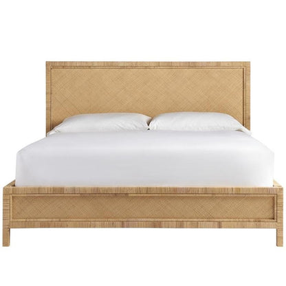 MAKLAINE Coastal King Bed, Wicker Rattan Frame, Mahogany Finish, Slat Kit Included, Natural Raffia Design, Beach-Inspired Bedroom Furniture
