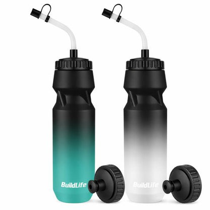 Hockey Water Bottle with Long Straw -32 OZ Squeeze Sports Lacrosse Water Bottles 2 Pack with 2 Lids Each(Straw and Squeeze),for Helmet Hockey,Boxing,BPA Free,Dishwash Safe(Black Blue+Black White)