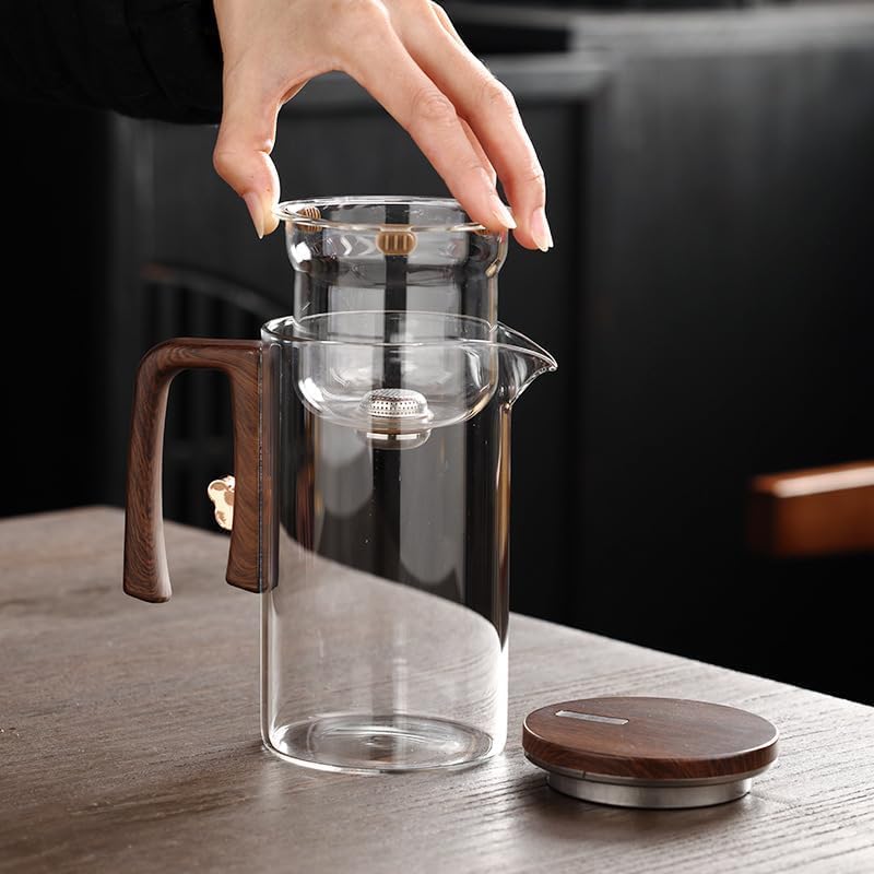 WCCDXGP 900ML Enchantipot Magic TeaPot, Water Separation Glass Tea Pot with Wooden Handle, Press Control Magic Tea