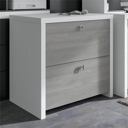 Pemberly Row 2-Drawer Engineered Wood Lateral File Cabinet, Durable Gray/Pure White Laminate Finish, Satin Silver Hardware, 31.61" W x 20" D x 30" H, Spacious Drawers for Letter/Legal Size Documents