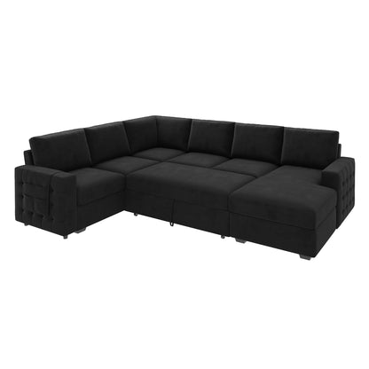 HONBAY Sectional Sleeper Sofa with Pull-Out Bed Storage Chaise, 6 Seater Couch for Living Room, Black