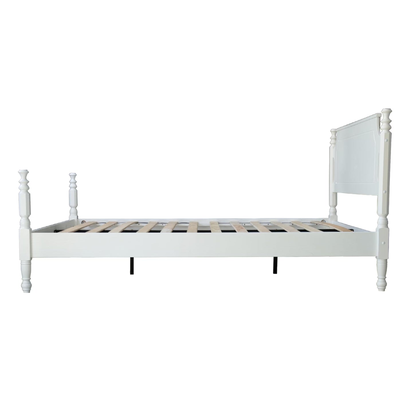 Solid Wood Queen Size Platform Frame, Headboard & Footboard, No Box Spring Needed, 12 Wooden Slats, Center Metal Legs, Slip-Free, Simple Assembly, Under Bed Storage, Pure White Finish, ROQ-39