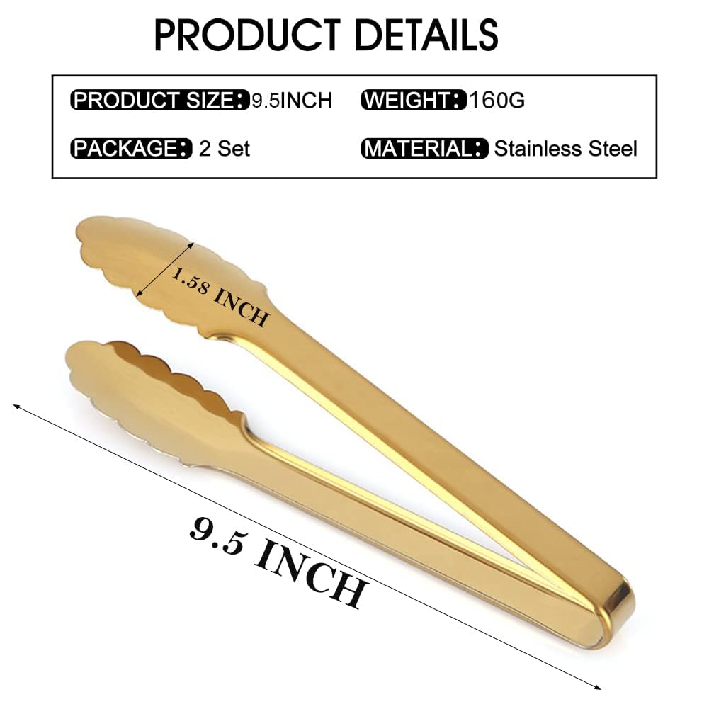 IAXSEE 2 Pack Gold Serving Tongs Gold Serving Utensils Salad Tongs Buffet Tongs Non-slip & Easy Grip Stainless Steel Gold Plated Buffet Serving Tongs, Salad, Ice, Oven (9.5 Inch) (Gold)
