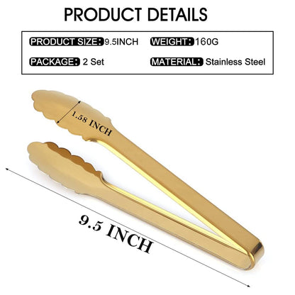 IAXSEE 2 Pack Gold Serving Tongs Gold Serving Utensils Salad Tongs Buffet Tongs Non-slip & Easy Grip Stainless Steel Gold Plated Buffet Serving Tongs, Salad, Ice, Oven (9.5 Inch) (Gold)