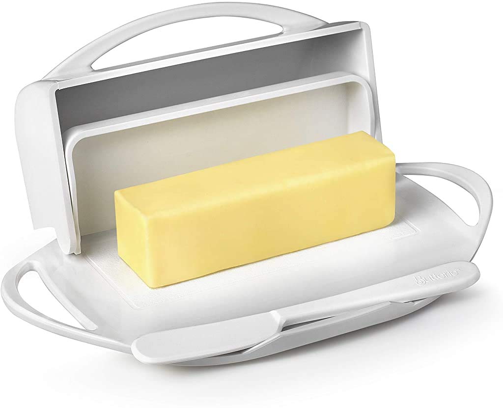 Butterie Flip Top Butter Dish with Attached Lid & Matching Knife - Holds 2 Sticks, Fits Kerrygold/European Butter - BPA Free & Dishwasher Safe - White