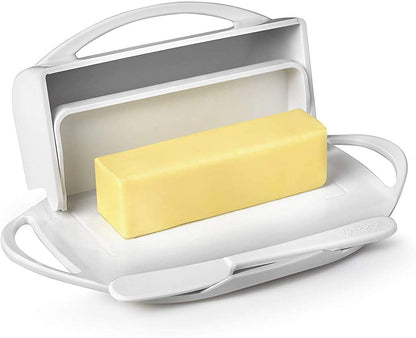 Butterie Flip Top Butter Dish with Attached Lid & Matching Knife - Holds 2 Sticks, Fits Kerrygold/European Butter - BPA Free & Dishwasher Safe - White