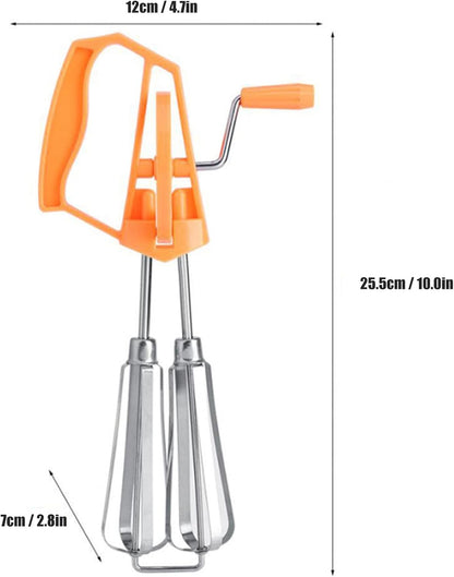 Classic Hand Crank 18/10 Stainless Steel Churner - Dual Head Design, Manual Hand Mixer for Home Cooking (Orange)