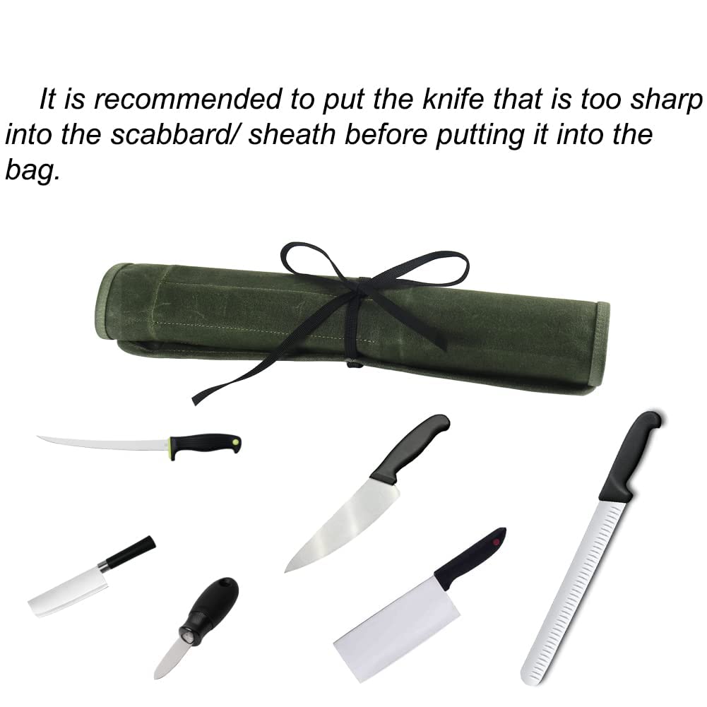 JOINDO Knife Roll Bag, Chef’s Knife Roll Bag, Heavy Duty Chef Knife Roll Bag with 6 Slots, Waxed Canvas Knife Bag Roll, Knife Pouch Holder for Home, Kitchen, Grill (green)