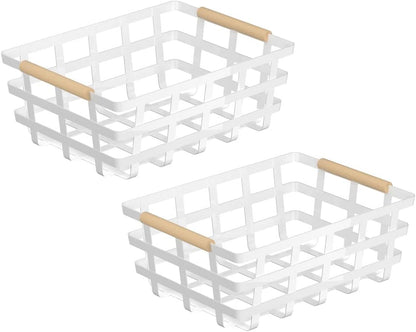 Farmhouse Wire Storage Baskets, Pantry Organizer Baskets with Wood Handle, Metal Bins for Kitchen Pantry (2 Pack)