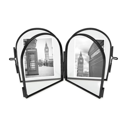 Isaac Jacobs 2x3 Vintage Style, Double-Sided Arched Brass & Glass Metal Floating Picture Frame with Locket Closure (Vertical), Made for Tabletop Display (2x3 Vertical, Black)
