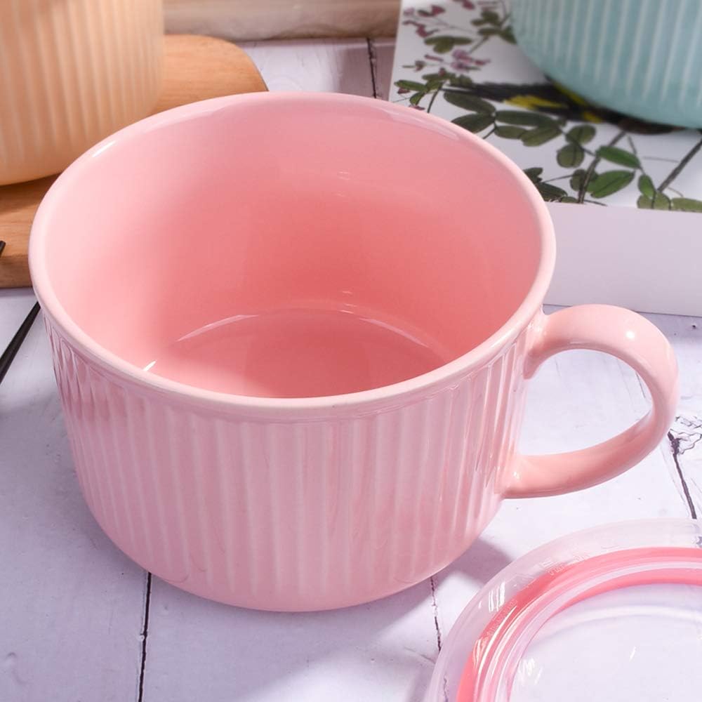 Microwavable Soup Bowl with Handle and Lid, 30.4 OZ Ceramic Cereal Mugs for Oat Instant Noodles (Pink)