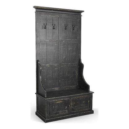 Pemberly Row Modern Hall Tree, Mahogany Wood, Black Sand Finish, Crown Molding Accents, 4 Double Prong Hooks, 2 Storage Cubbies, Rustic Style Entryway Organizer with Seat