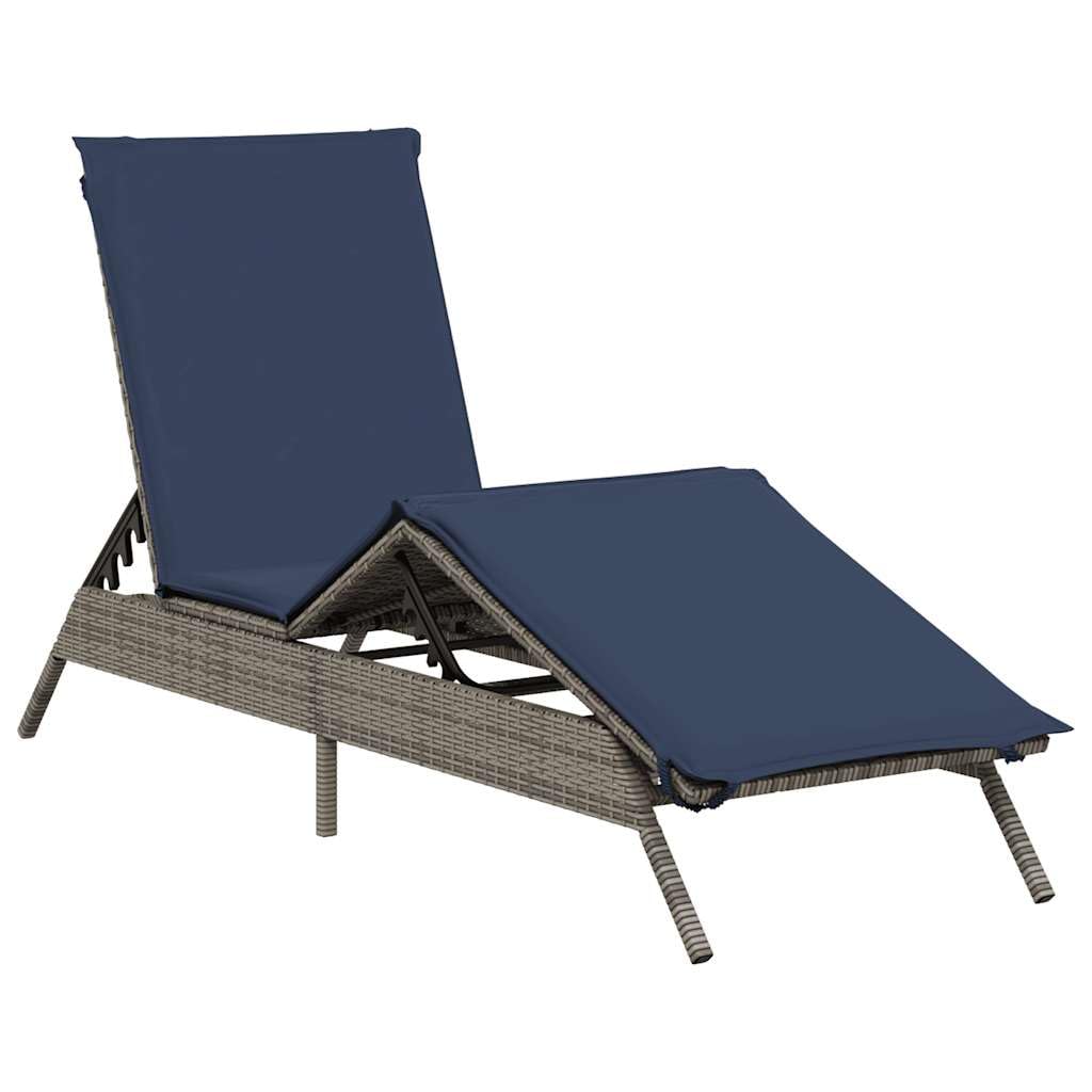 HPUYRFG Gray Poly Rattan Sun Lounger with Adjustable Backrest and Removable Cushions, Standard Size Foldable Outdoor Lounge Chair for Patio, Modern Gray Weather Resistant Sunbed