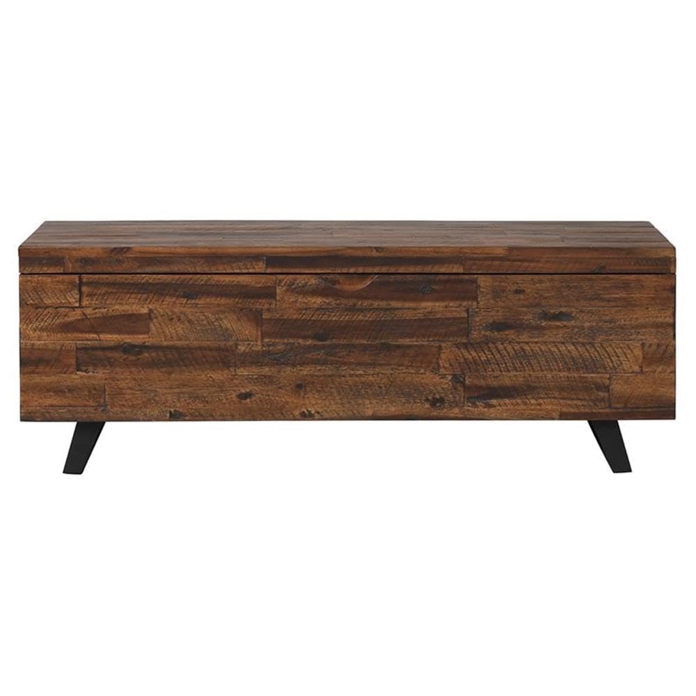 MAKLAINE Broadmore Rectangular Acacia Wood Storage Trunk, 46 in Top, Brown Finish, Black Metal Legs, Hinged Lid, Versatile Coffee Table or Entryway Storage for Living Room or Bedroom