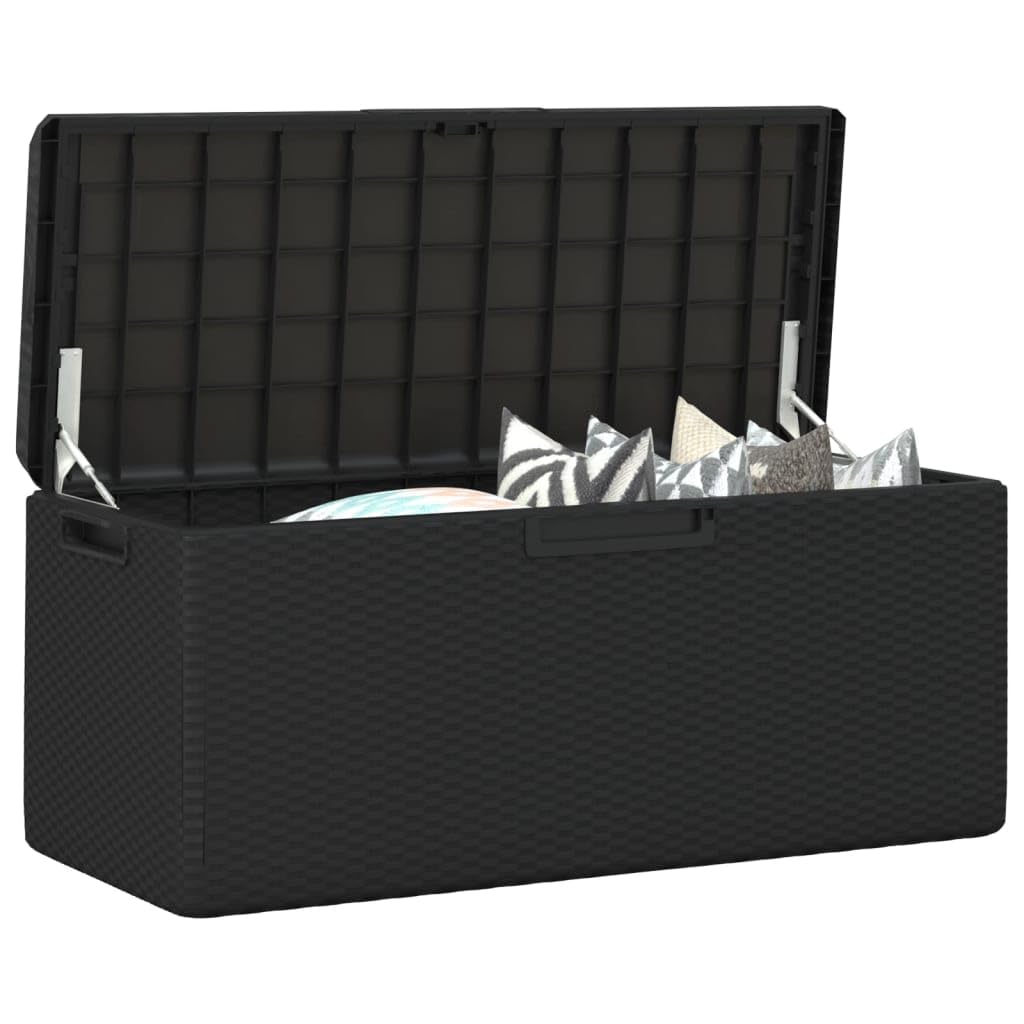RCODSSK Rattan Look PP Storage Box with Seat Cushion, 92.5 gal Anthracite Patio Storage Chest for Cushions, Pillows, Blankets, and Toys, Gas-Lift Design, Lockable Outdoor for Garden