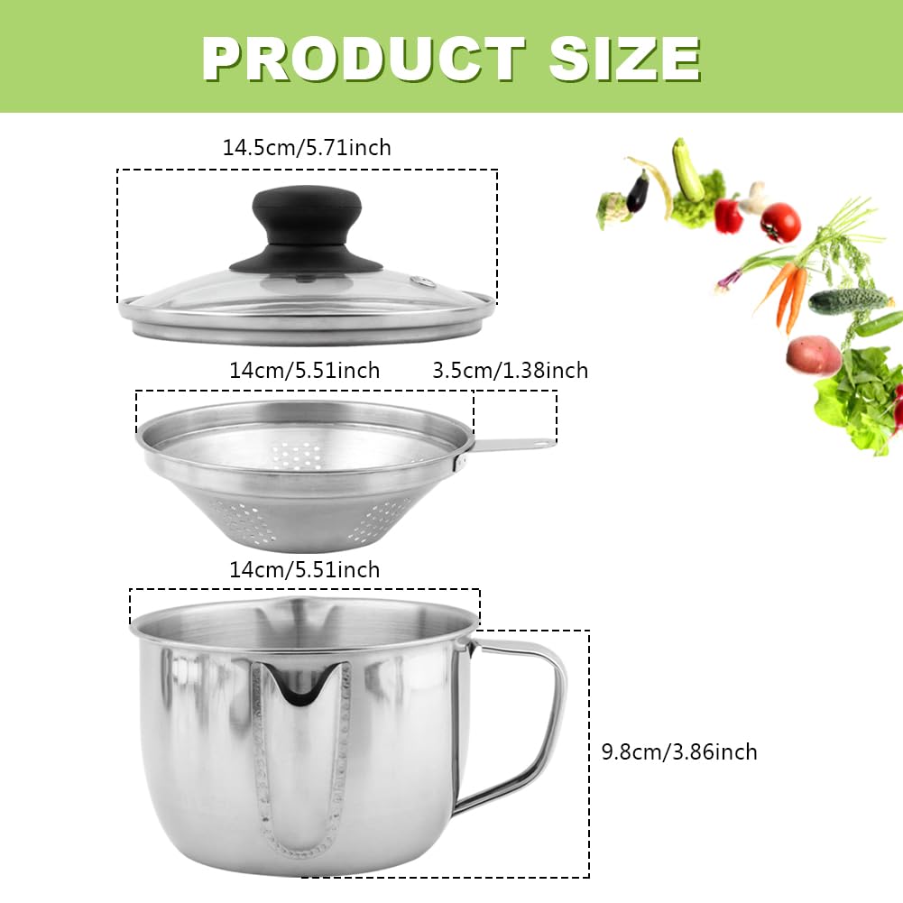 Stainless Steel Fat Separator with Strainer & Glass Lid, 1000ml Gravy Grease Separator for Soup, Stew, and Sauces,Two-Way Outlet, Multi-Use Kitchen Essential