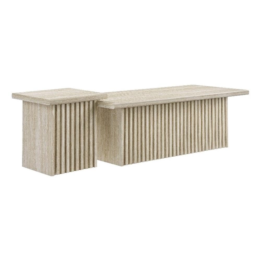 Modway Render Faux Travertine Slatted Nesting Coffee Table Set in Travertine - 2 Piece Low Profile Coffee Table Mid Century Modern - Abstract Coffee Tables for Living Room - Nested Accent Tables