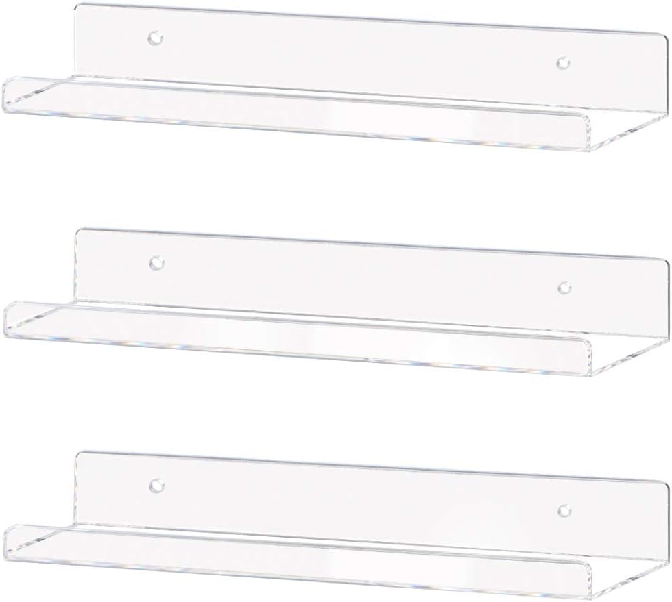 15" (15 Inch 3Pack) Weiai Clear Acrylic Shelf Invisible Floating Wall Ledge Bookshelf, Kids Book Display Shelves Wall