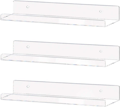 15" (15 Inch 3Pack) Weiai Clear Acrylic Shelf Invisible Floating Wall Ledge Bookshelf, Kids Book Display Shelves Wall