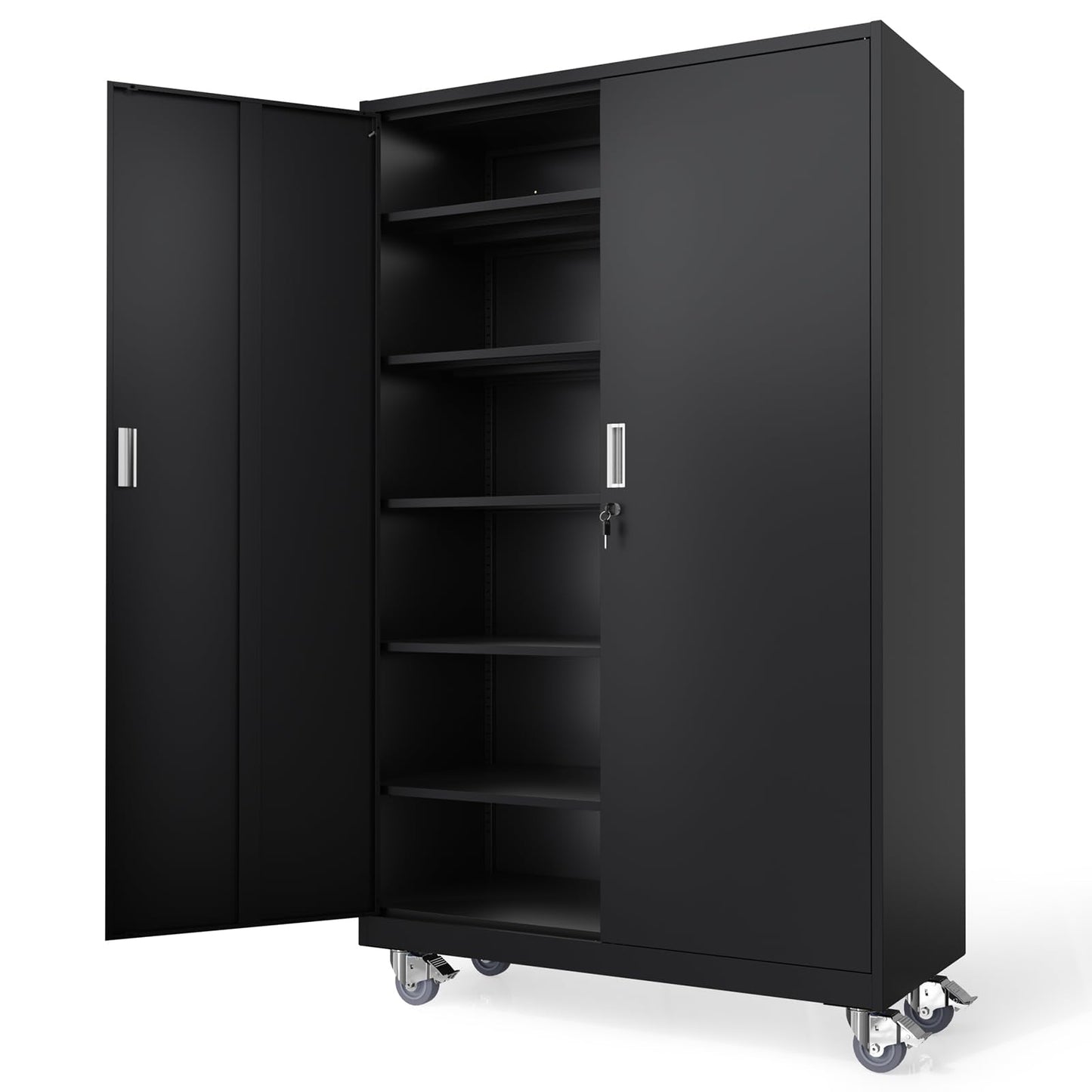 VINGLI Large Metal Storage Cabinet with 2 Doors and 5 Adjustable Shelves, Upgraded Height & Wide & Deep, 43''W x 20''D x 72''H, Oversized Garage Storage Cabinet with Wheels and Locks (Black)