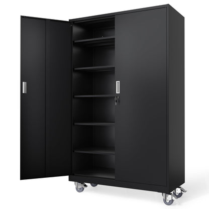 VINGLI Large Metal Storage Cabinet with 2 Doors and 5 Adjustable Shelves, Upgraded Height & Wide & Deep, 43''W x 20''D x 72''H, Oversized Garage Storage Cabinet with Wheels and Locks (Black)