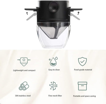 Reusable Paperless Coffee Filter Cone, Coffee Dripper with Foldable Holders for Home, Travel, and Camping, Black