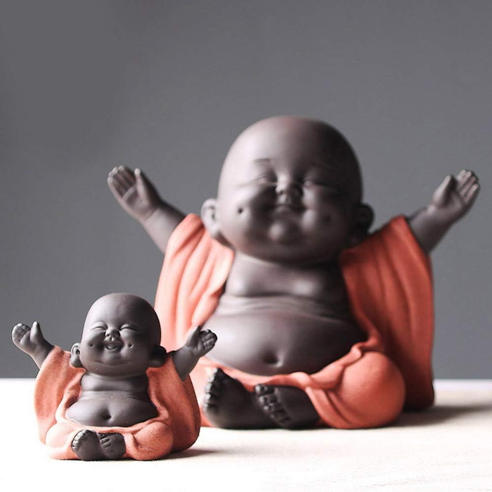 Ceramic Laughing Buddha Statue, Maitreya Happy Buddha Figurine, Cute Baby Monk Home Decor, Purple