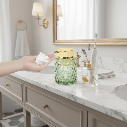 Fvstar 10 Oz Glass Hand Soap Dispenser with Pump, Refillable Bathroom Gold Foaming Soap Dispenser, Vintage Glass Diamond Lotion Container Bottle for Bathroom and Kitchen (1, Green and Gold)