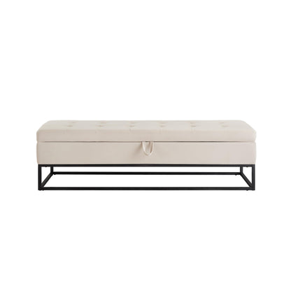 GDFStudio 59" Mid-Century Modern Bed Bench, Storage Ottoman Bench, Large Button Tufting Lift-Top Velvet Ottoman Foot Rest with Metal Base, Upholstered Oversized Pouf for Living Room Bedroom, Beige