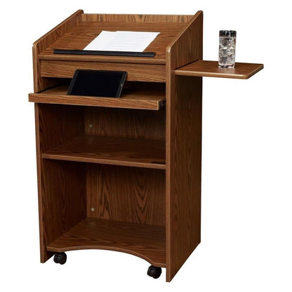 Pemberly Row Aristocrat Modern Wood Lectern, Non-Sound Podium with Slide-Out A/V Shelf & Storage, Medium Oak